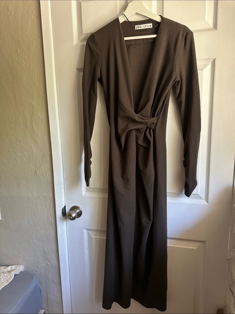Zara Dark Brown Long Sleeve Knot-Front Maxi Dress